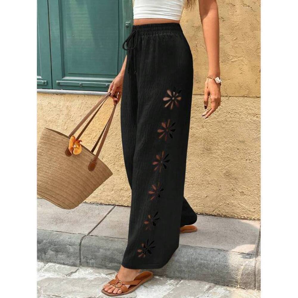 Frenchy Women's Vacation Casual Solid Color Hollow-Out Long Pants Winter B